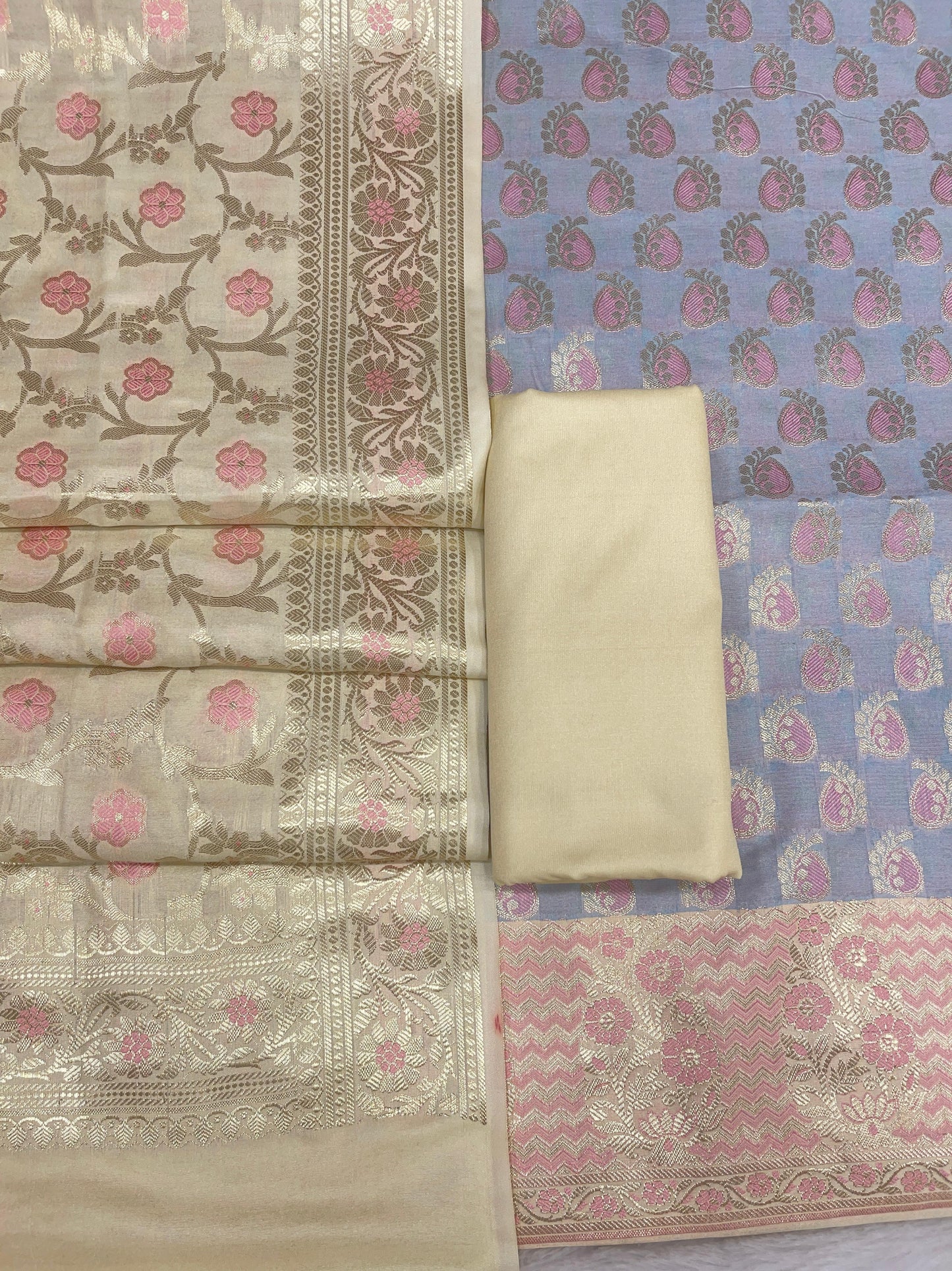 Grey Cotton Silk Panarasi 3 pcs Suit Set  with Contrast Pista Green Dupatta 780ASD_CS15