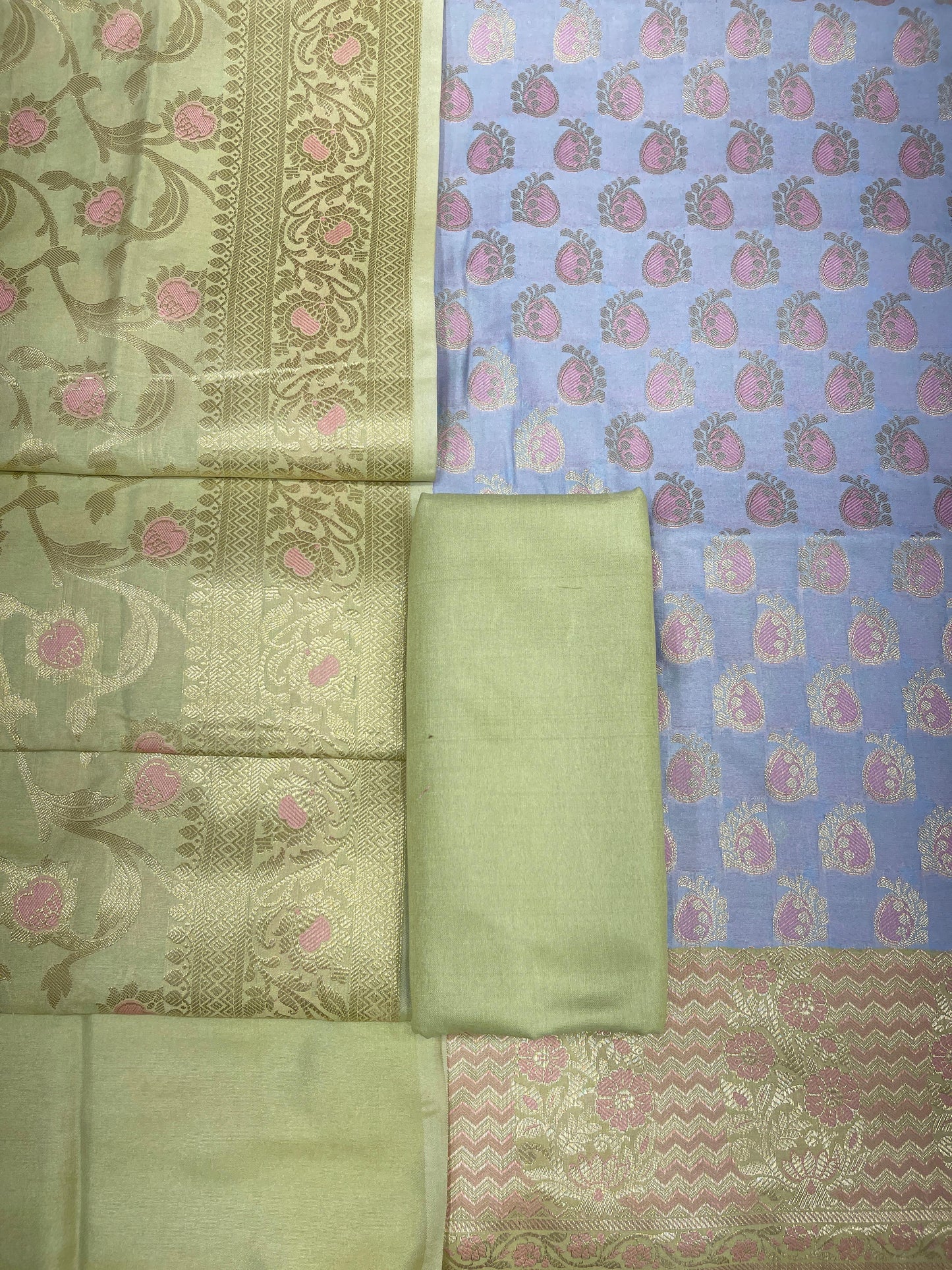 Grey Cotton Silk Panarasi 3 pcs Suit Set  with Contrast Pista Green Dupatta 780ASD_CS17