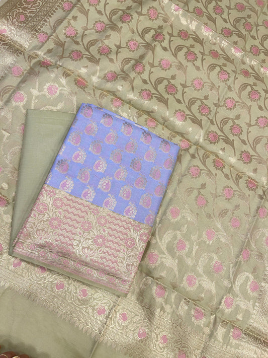 Grey Cotton Silk Panarasi 3 pcs Suit Set  with Contrast Pista Green Dupatta 780ASD_CS17
