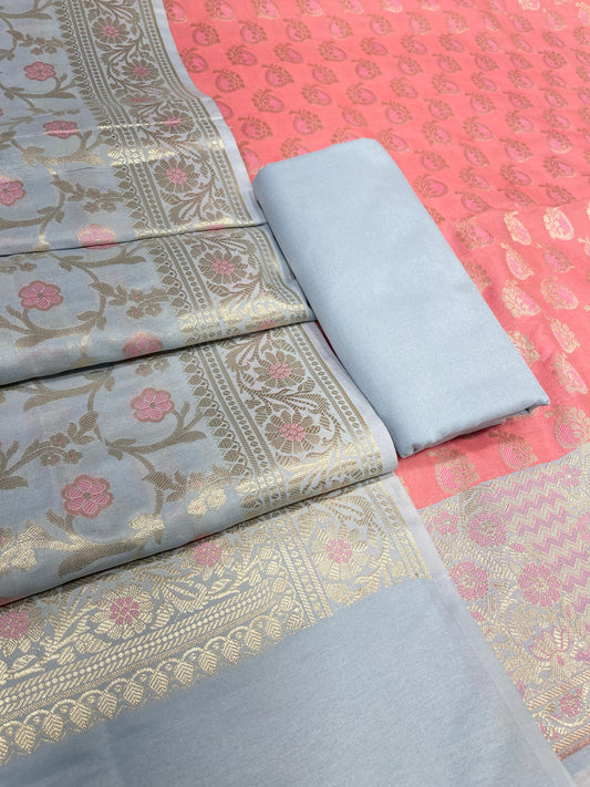 Peach Cotton Silk Ganarasi 3 pcs Suit Set  with Contrast Grey Dupatta 780ASD_CS18