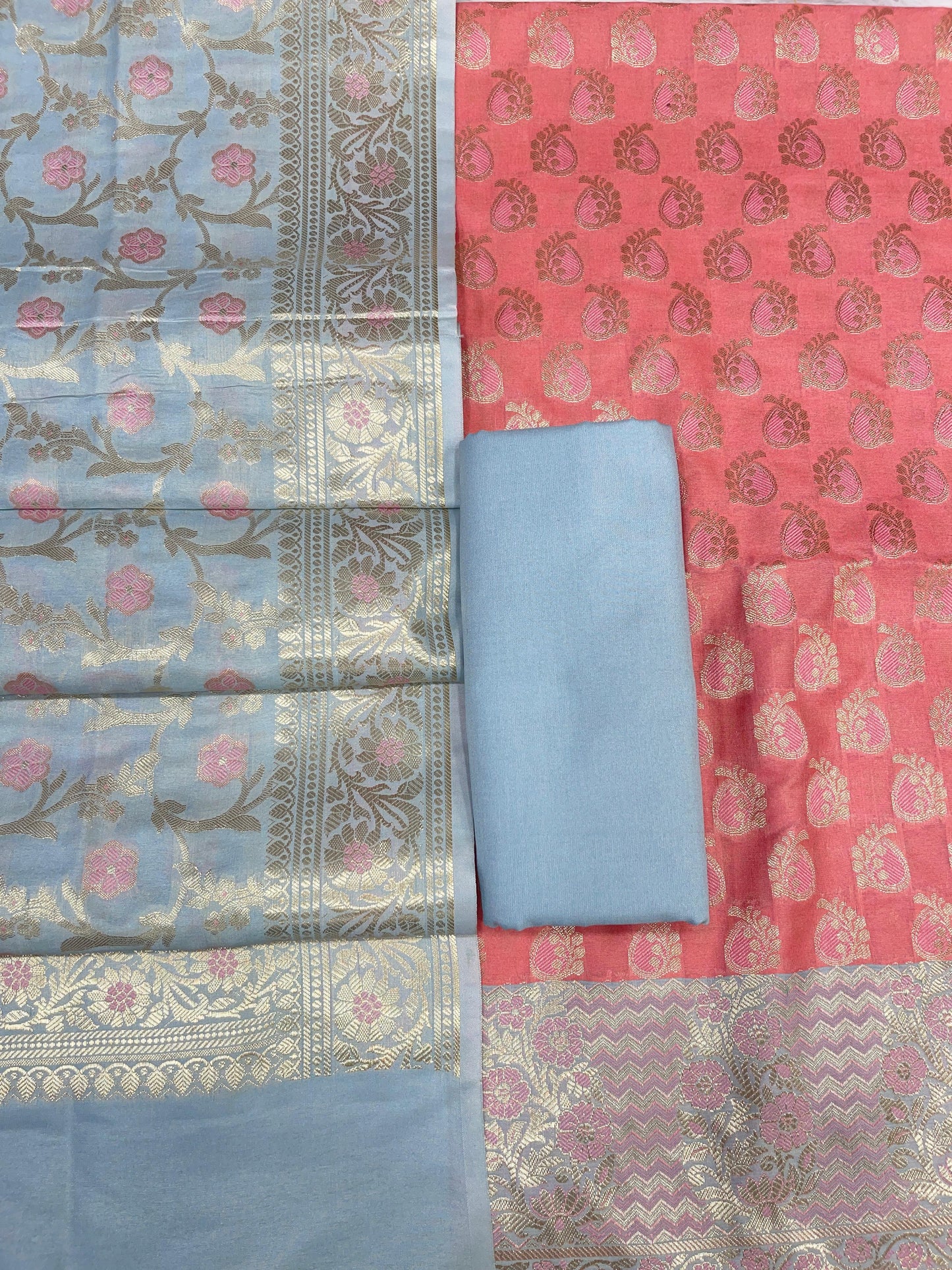 Peach Cotton Silk Ganarasi 3 pcs Suit Set  with Contrast Grey Dupatta 780ASD_CS18