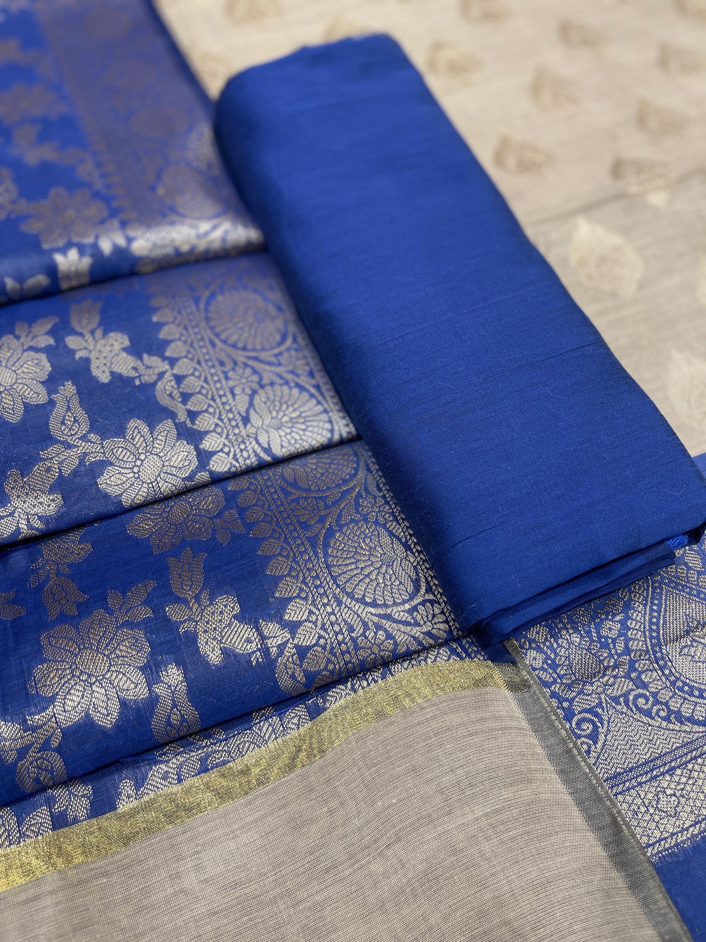 Beige Cotton Silk Banarasi 3 pcs Suit Set  with Contrast Blue Dupatta 525IM_CS43