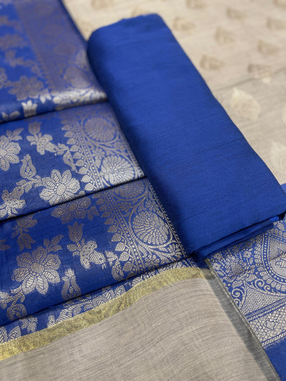 Beige Cotton Silk Banarasi 3 pcs Suit Set  with Contrast Blue Dupatta 525IM_CS43