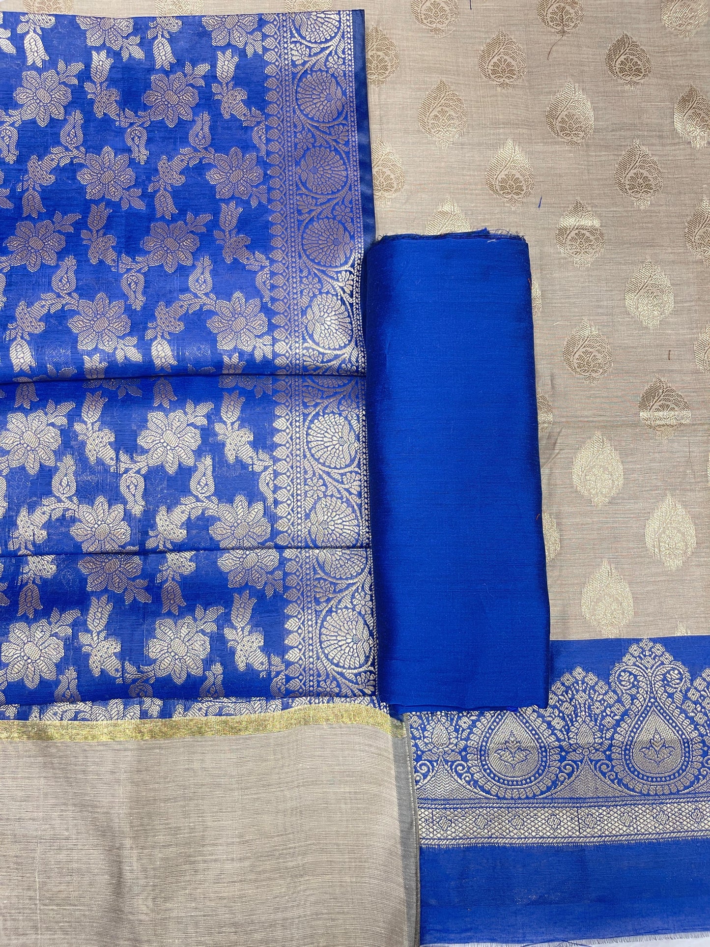 Beige Cotton Silk Banarasi 3 pcs Suit Set  with Contrast Blue Dupatta 525IM_CS43