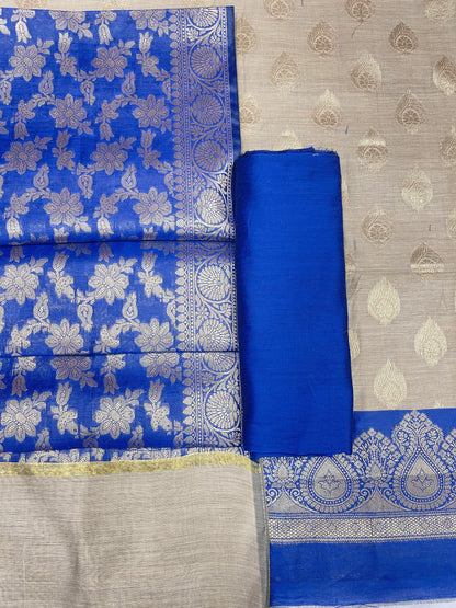 Beige Cotton Silk Banarasi 3 pcs Suit Set  with Contrast Blue Dupatta 525IM_CS43