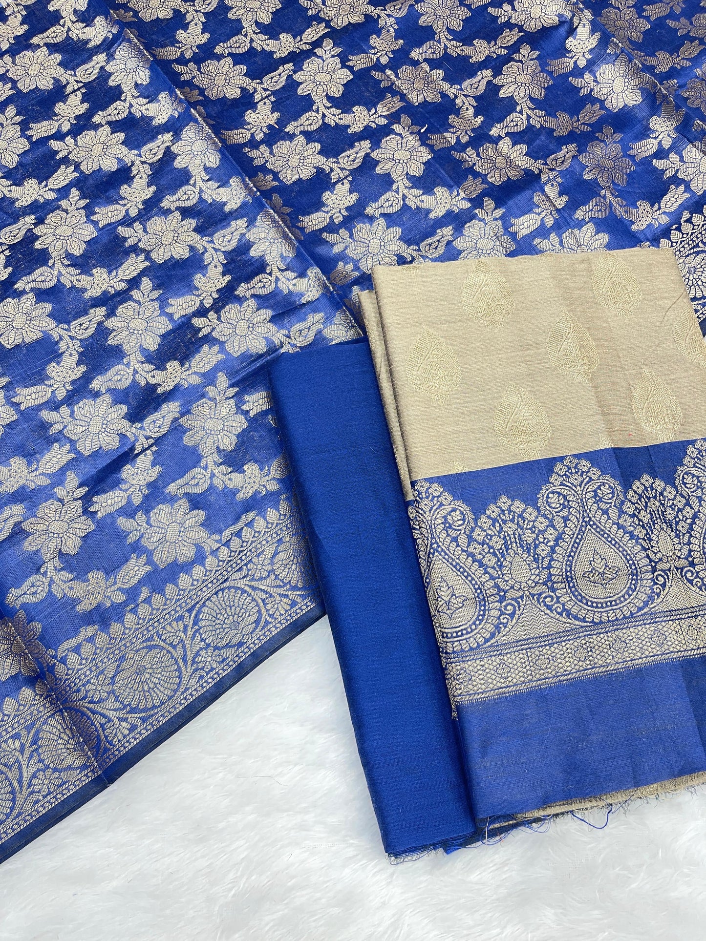 Beige Cotton Silk Banarasi 3 pcs Suit Set  with Contrast Blue Dupatta 525IM_CS43