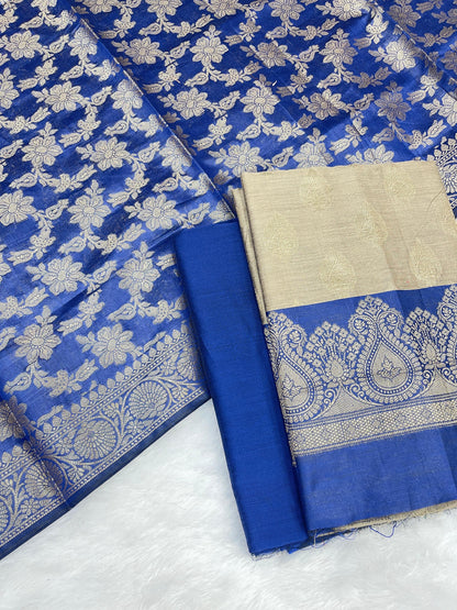 Beige Cotton Silk Banarasi 3 pcs Suit Set  with Contrast Blue Dupatta 525IM_CS43