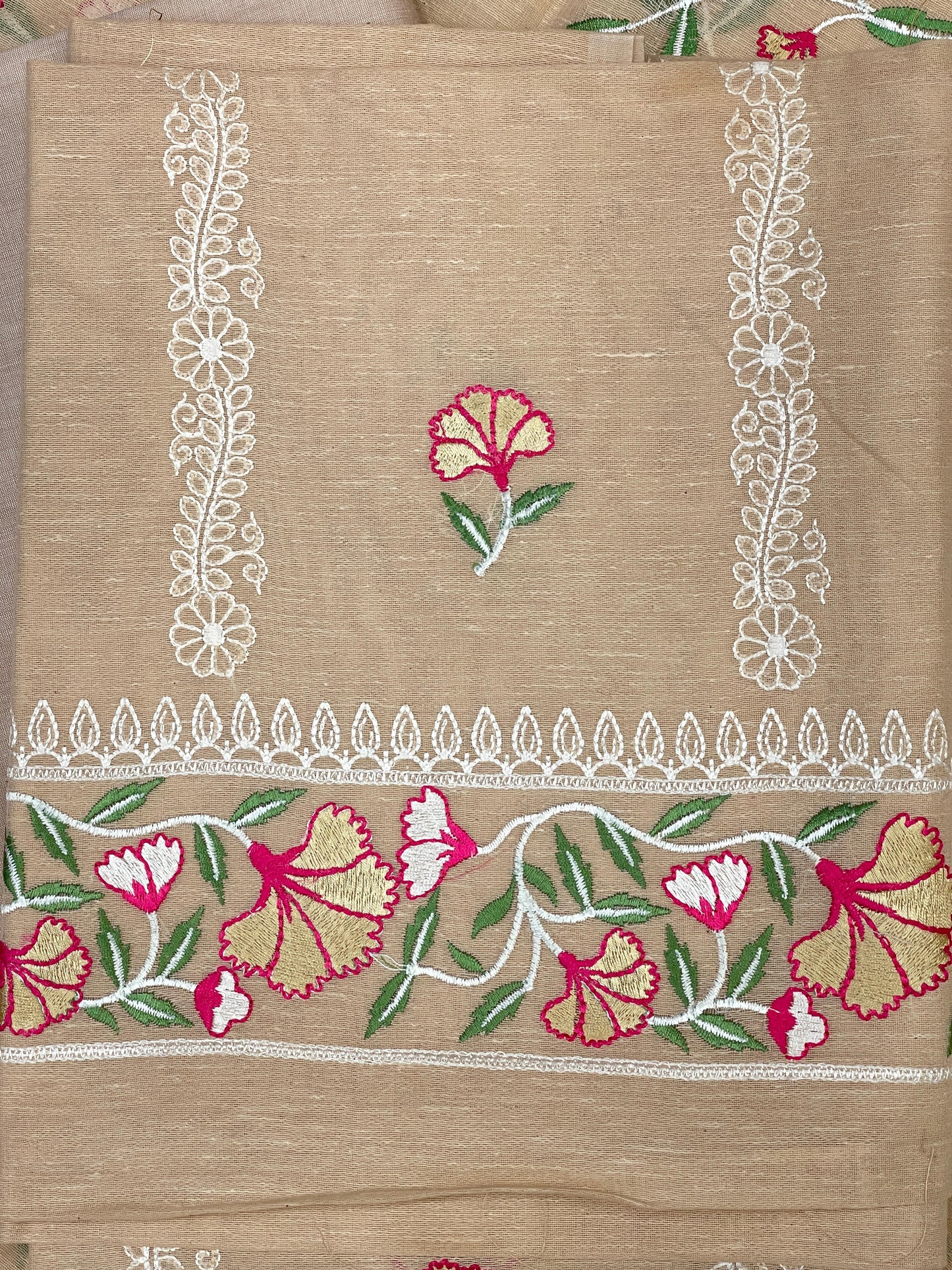 Beige Cotton Linen Embroidery Banarasi 3 pcs Suit Set 1200IM_CL1