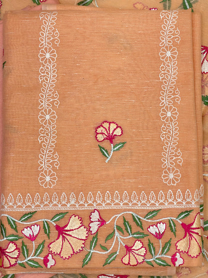 Orange Cotton Linen Embroidery Banarasi 3 pcs Suit Set 1200IM_CL3