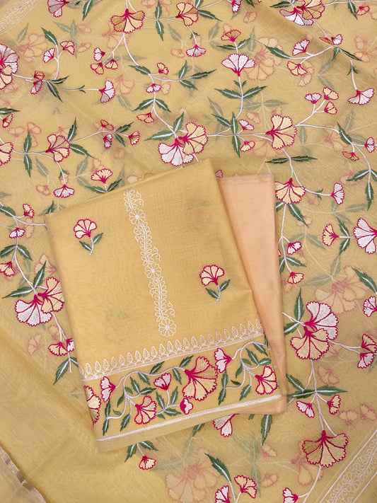 Yellow Cotton Linen Embroidery Banarasi 3 pcs Suit Set 1200IM_CL5