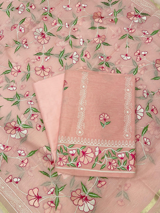 Peach Cotton Linen Embroidery Banarasi 3 pcs Suit Set 1200IM_CL6