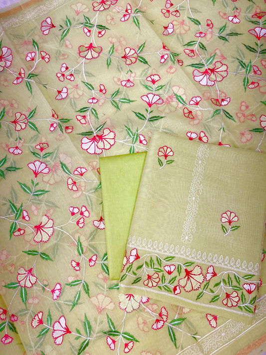 Pista Green Cotton Linen Embroidery Banarasi 3 pcs Suit Set 1200IM_CL7
