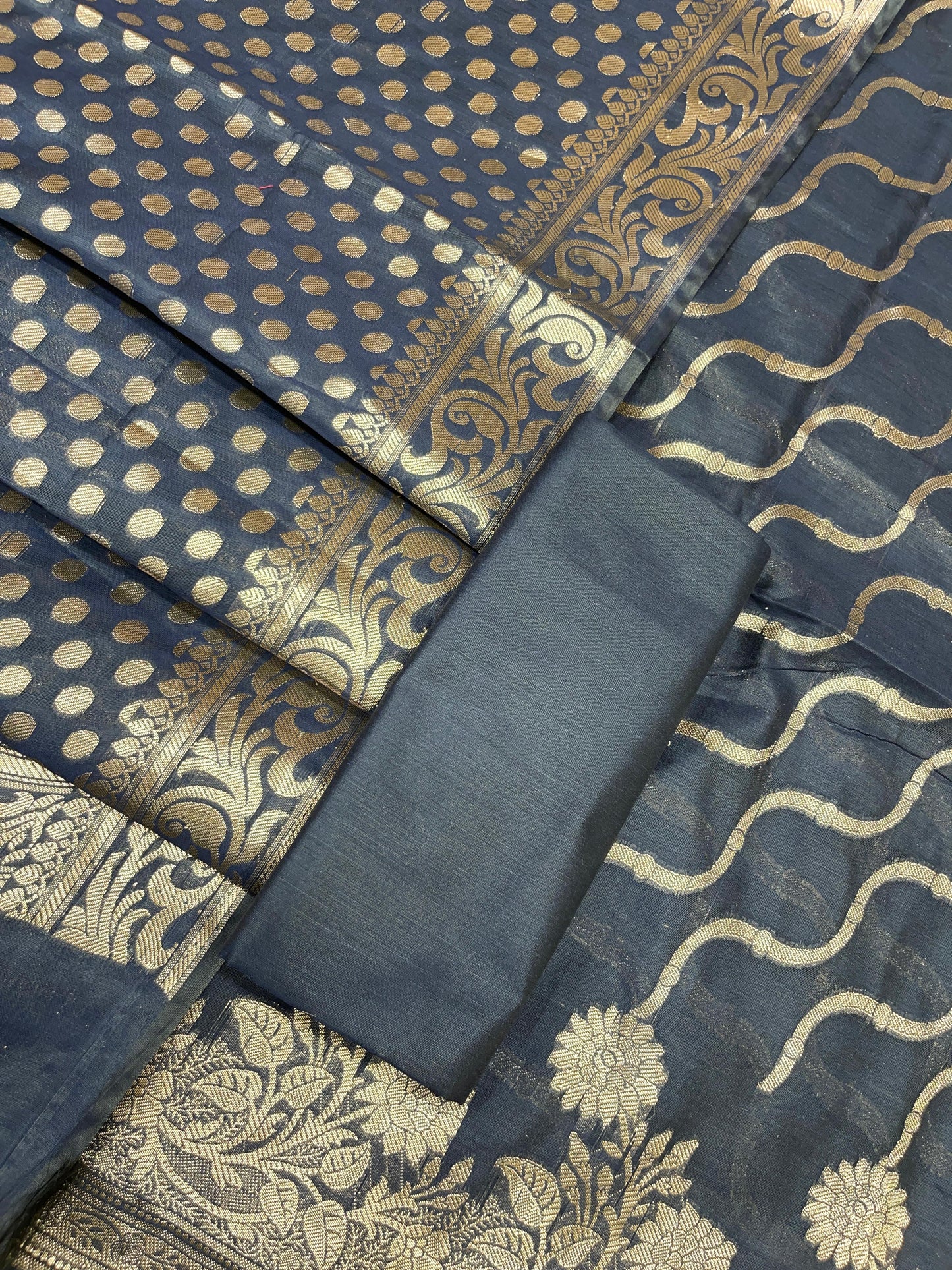 Navy Blue Cotton Silk Lehariya Banarasi 3 pcs Suit Set 675JVC_101