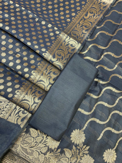 Navy Blue Cotton Silk Lehariya Banarasi 3 pcs Suit Set 675JVC_101