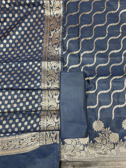 Navy Blue Cotton Silk Lehariya Banarasi 3 pcs Suit Set 675JVC_101