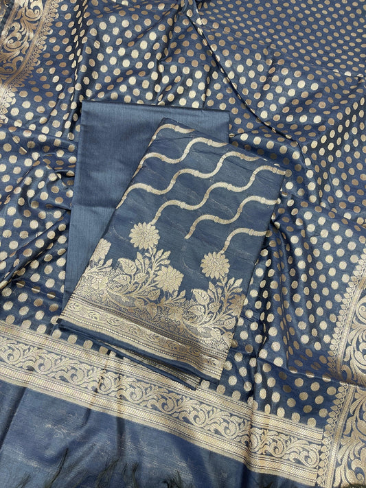 Navy Blue Cotton Silk Lehariya Banarasi 3 pcs Suit Set 675JVC_101