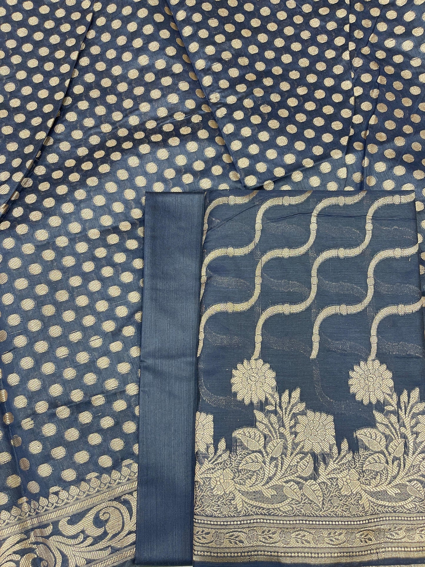 Navy Blue Cotton Silk Lehariya Banarasi 3 pcs Suit Set 675JVC_101
