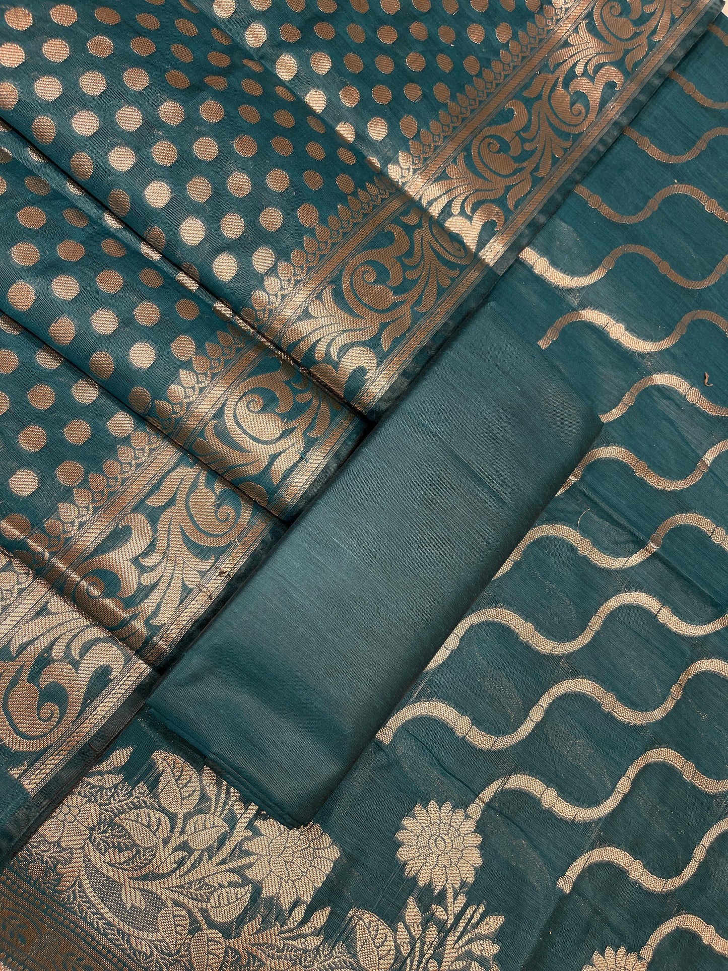 Dark Green Cotton Silk Lehariya Banarasi 3 pcs Suit Set 675JVC_107