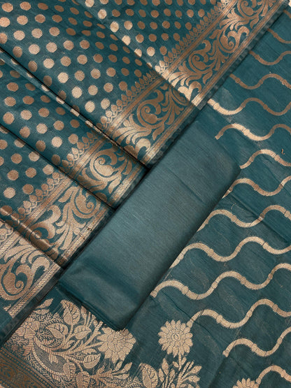 Dark Green Cotton Silk Lehariya Banarasi 3 pcs Suit Set 675JVC_107