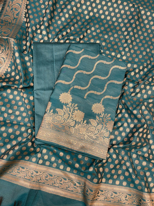 Seagreen Cotton Silk Lehariya Banarasi 3 pcs Suit Set 675JVC_106