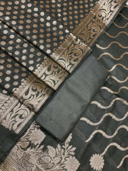 Black Cotton Silk Lehariya Banarasi 3 pcs Suit Set 675JVC_105