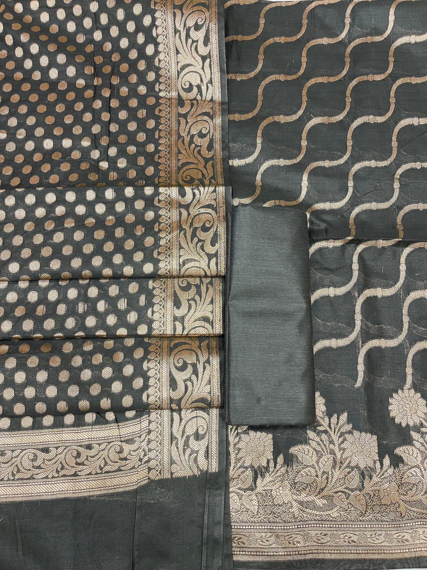 Black Cotton Silk Lehariya Banarasi 3 pcs Suit Set 675JVC_105