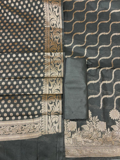Black Cotton Silk Lehariya Banarasi 3 pcs Suit Set 675JVC_105