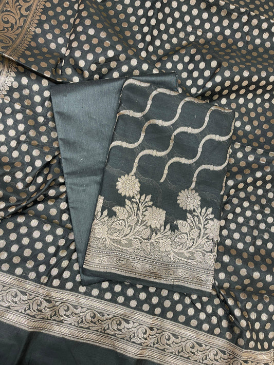 Black Cotton Silk Lehariya Banarasi 3 pcs Suit Set 675JVC_105