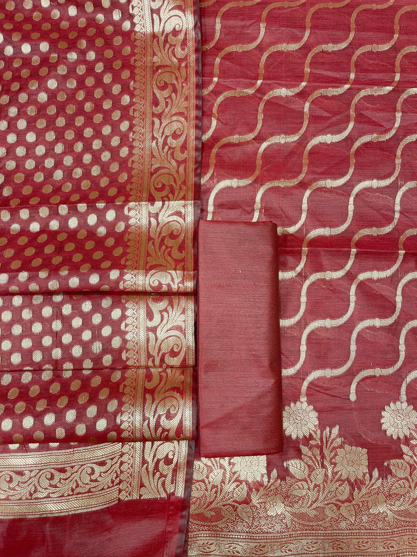 Maroon Cotton Silk Lehariya Banarasi 3 pcs Suit Set 675JVC_104