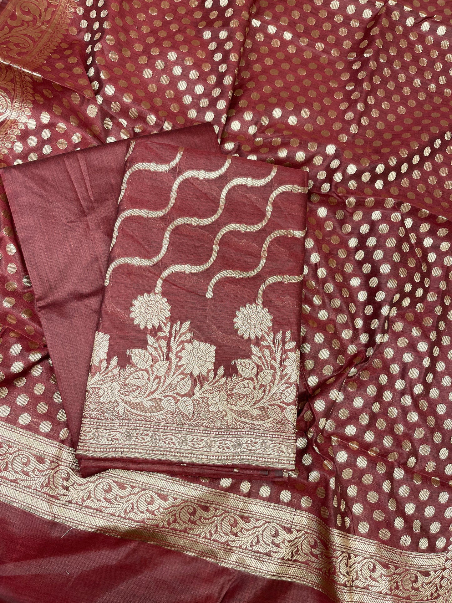 Maroon Cotton Silk Lehariya Banarasi 3 pcs Suit Set 675JVC_104