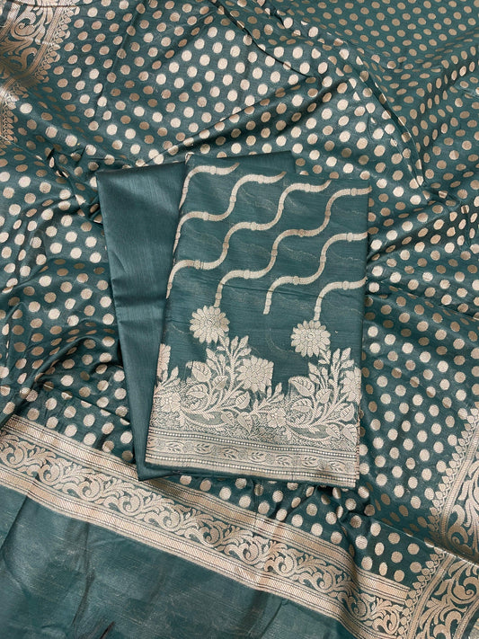 Dark Green Cotton Silk Lehariya Banarasi 3 pcs Suit Set 675JVC_107