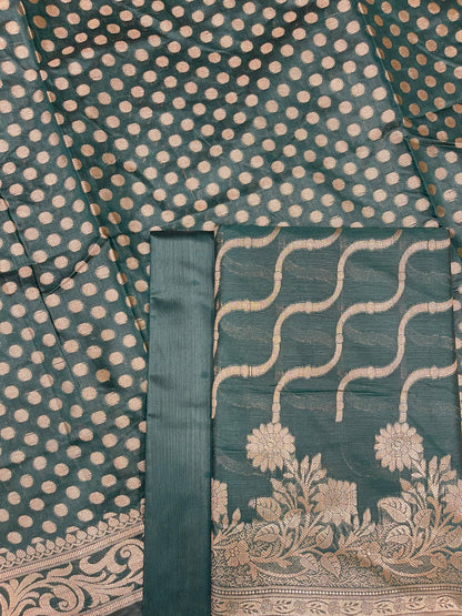 Dark Green Cotton Silk Lehariya Banarasi 3 pcs Suit Set 675JVC_107