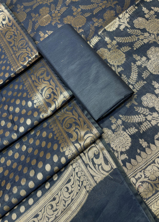Navy Blue Cotton Silk Boota Banarasi 3 pcs Suit Set 675JVC_110