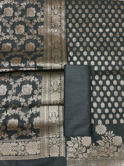 Black Cotton Silk Banarasi 3 pcs Suit Set 675JVC_120