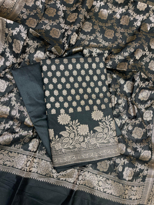 Black Cotton Silk Banarasi 3 pcs Suit Set 675JVC_120