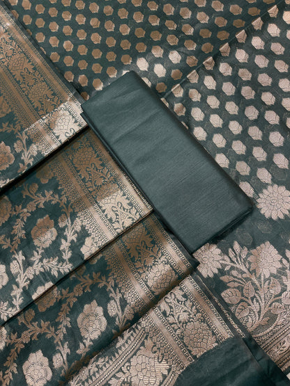 Dark Green Cotton Silk Banarasi 3 pcs Suit Set 675JVC_121