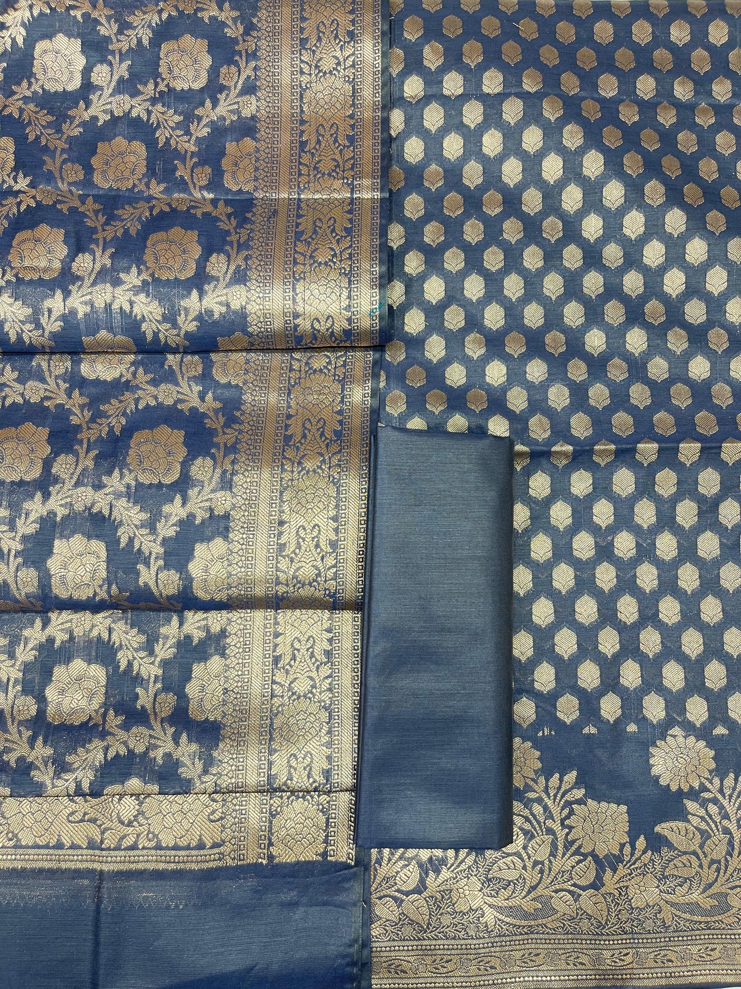Navy Blue Cotton Silk Banarasi 3 pcs Suit Set 675JVC_119