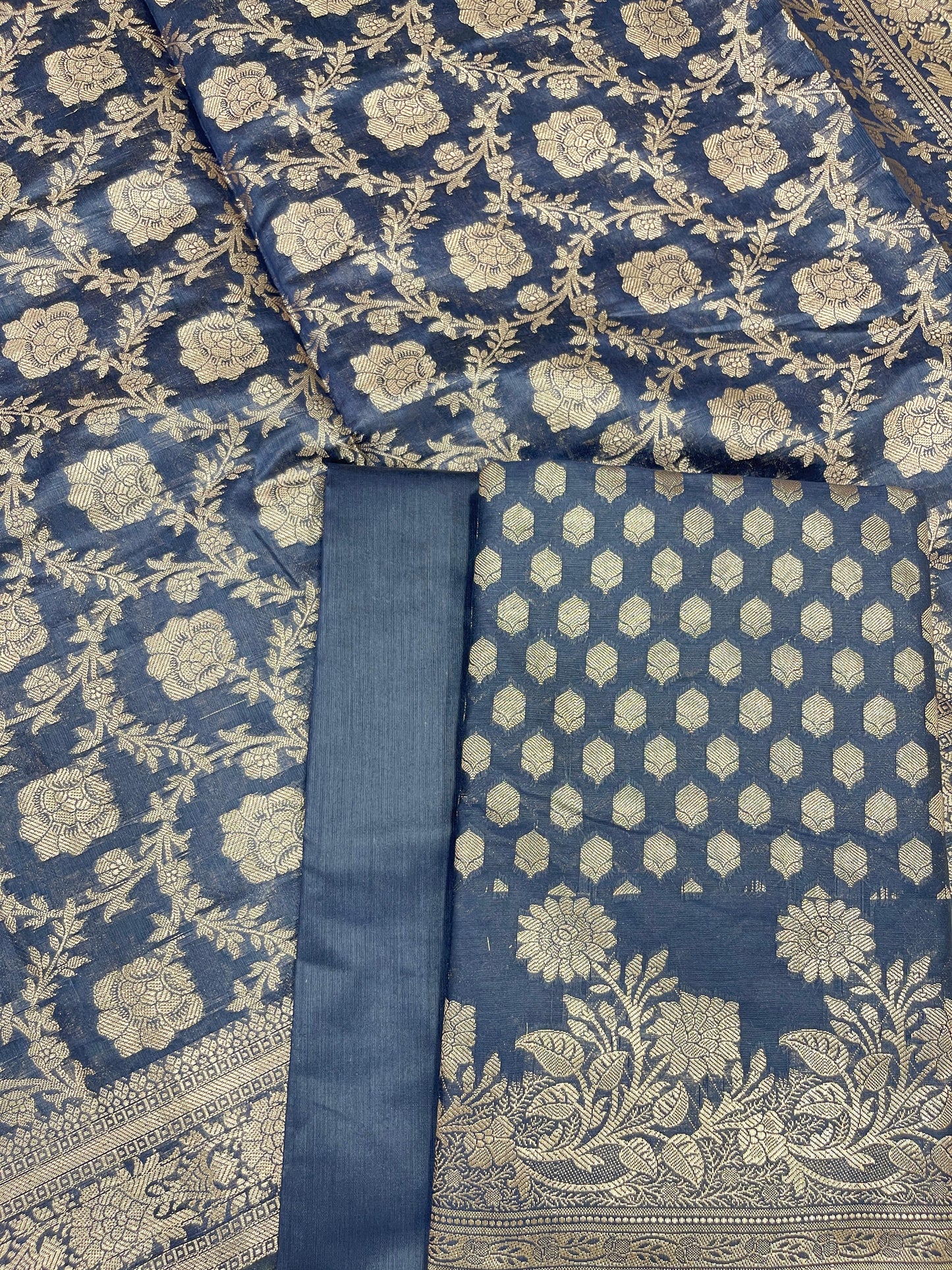 Navy Blue Cotton Silk Banarasi 3 pcs Suit Set 675JVC_119