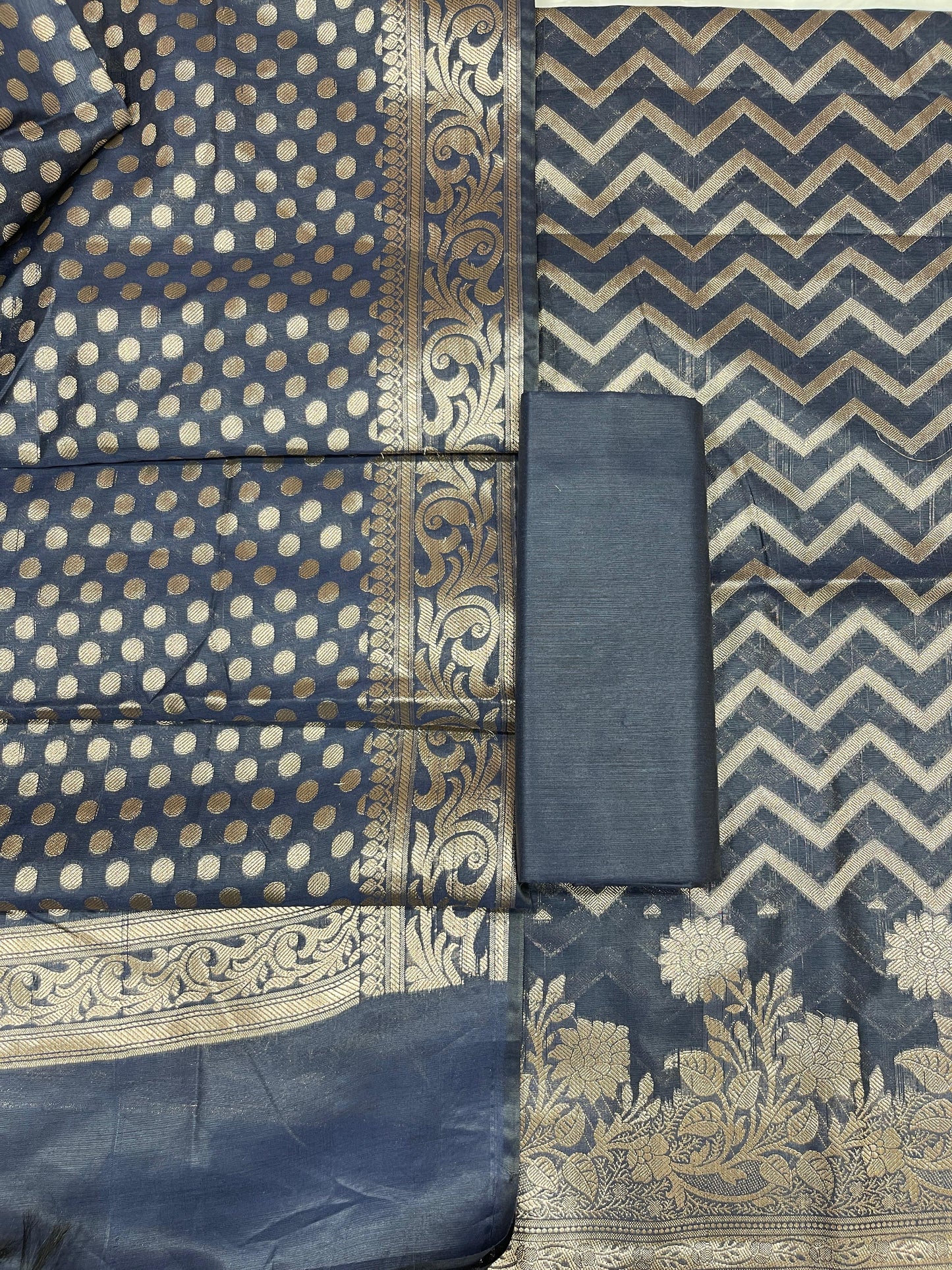 Navy Blue Cotton Silk Zig-Zag Banarasi 3 pcs Suit Set 675JVC_124