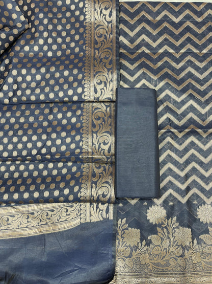 Navy Blue Cotton Silk Zig-Zag Banarasi 3 pcs Suit Set 675JVC_124