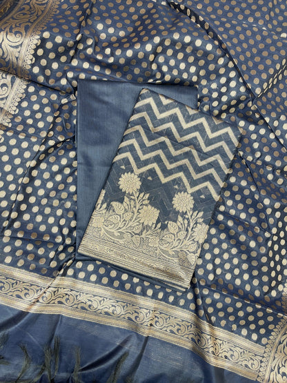 Navy Blue Cotton Silk Zig-Zag Banarasi 3 pcs Suit Set 675JVC_124