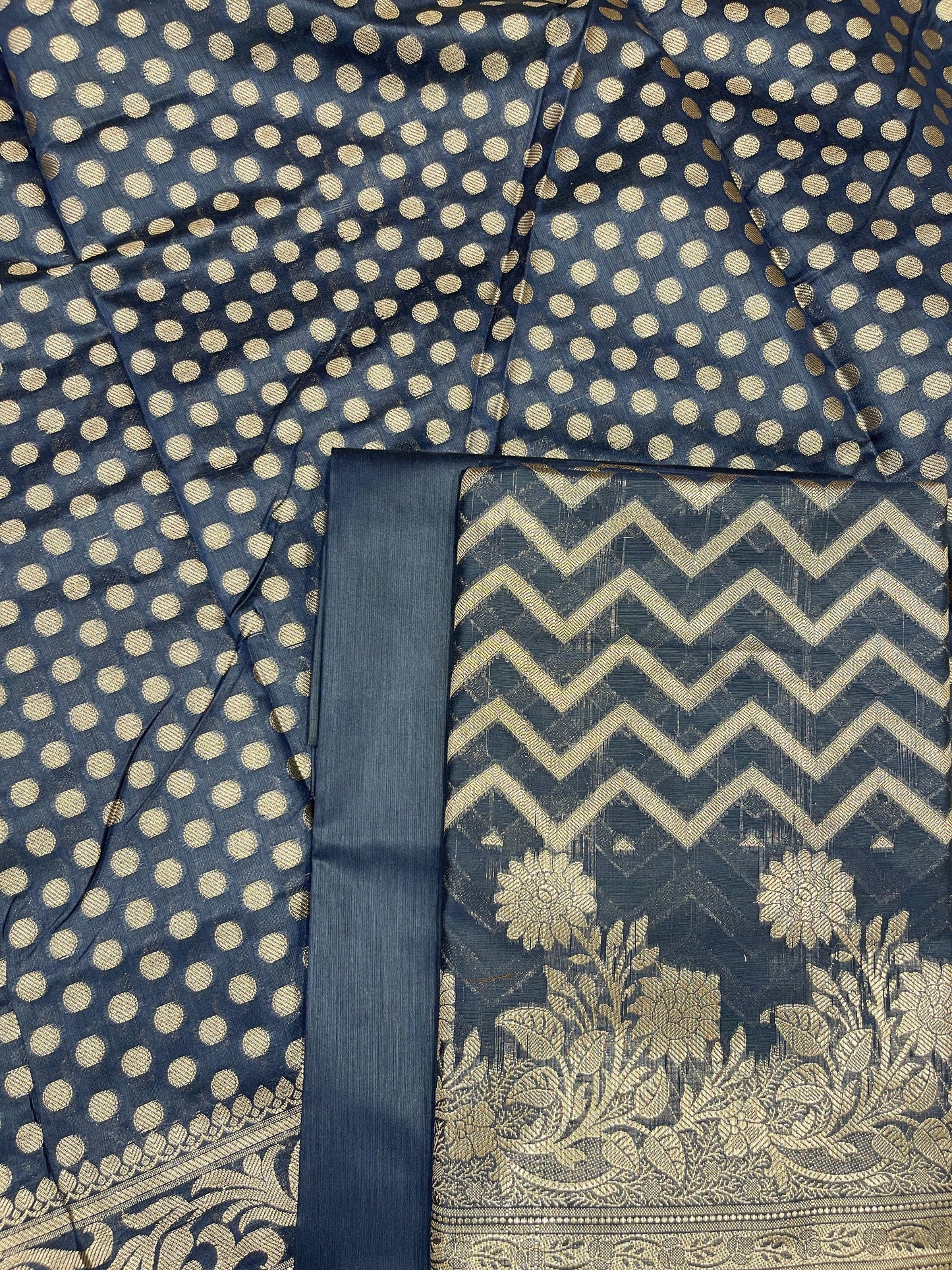 Navy Blue Cotton Silk Zig-Zag Banarasi 3 pcs Suit Set 675JVC_124