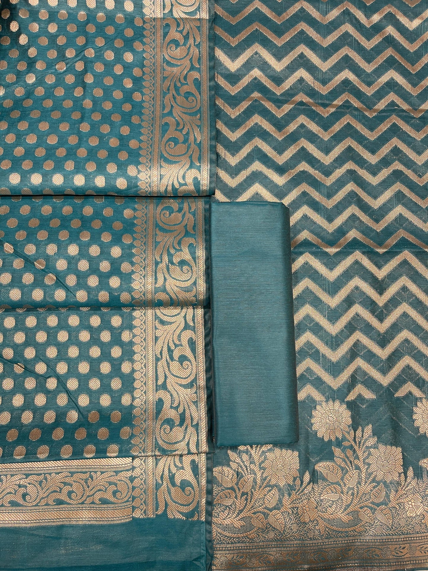 Seagreen Cotton Silk Zig-Zag Banarasi 3 pcs Suit Set 675JVC_123