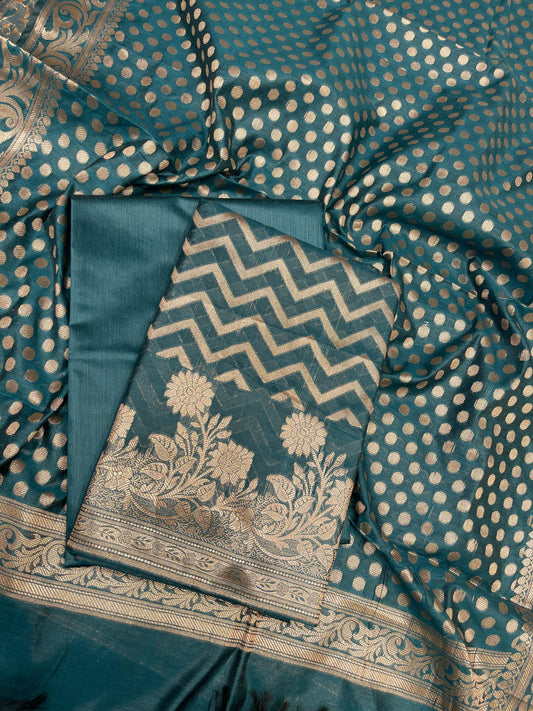 Seagreen Cotton Silk Zig-Zag Banarasi 3 pcs Suit Set 675JVC_123