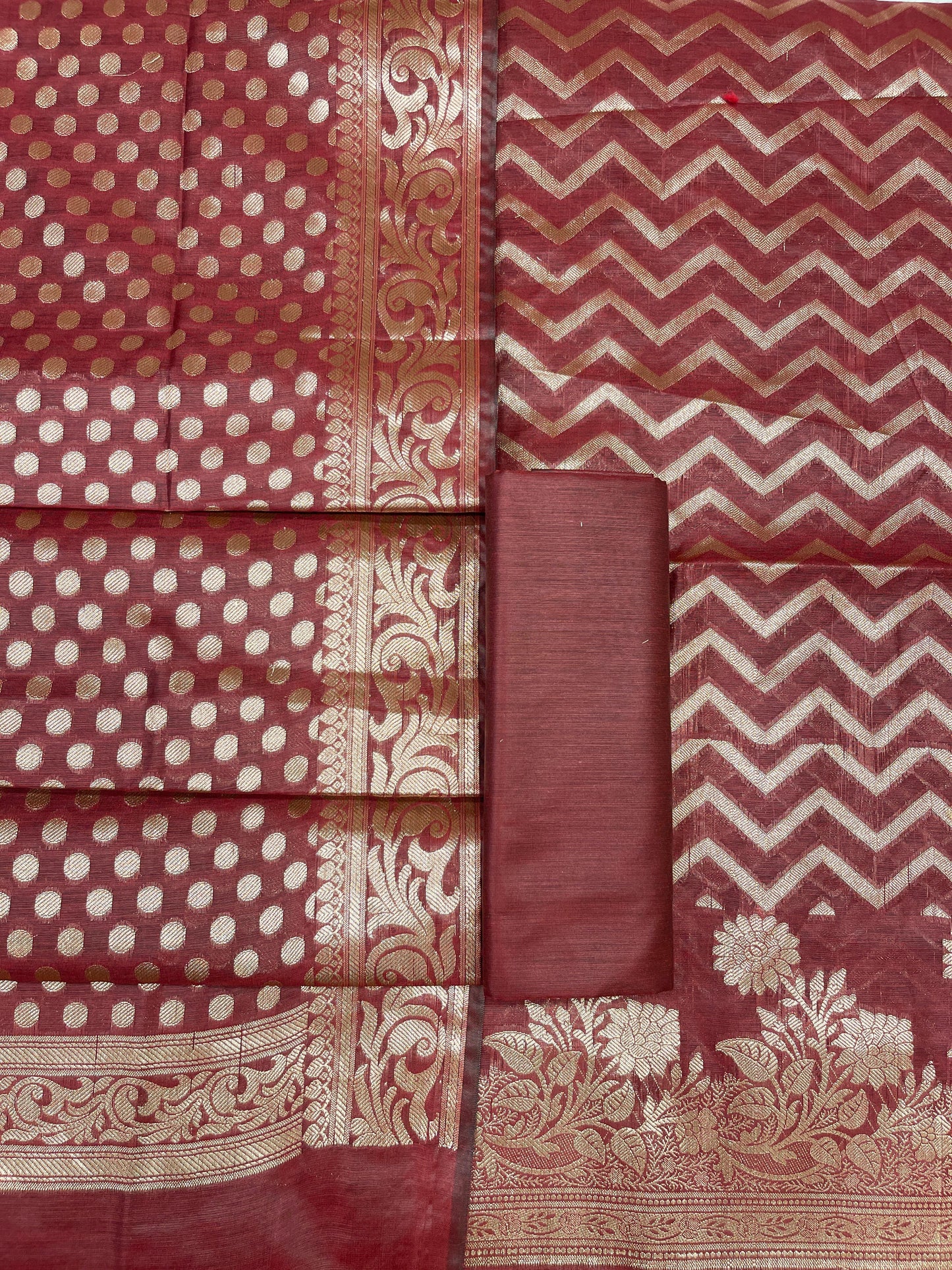Maroon Cotton Silk Zig-Zag Banarasi 3 pcs Suit Set 675JVC_125