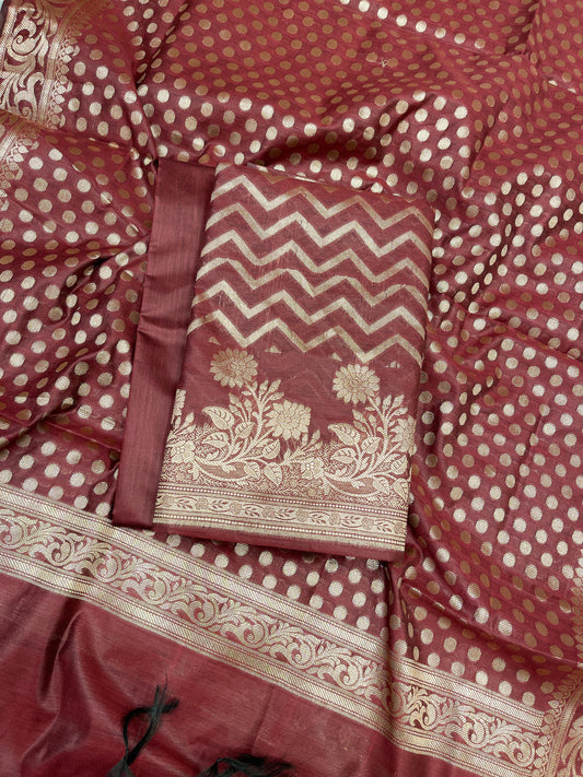 Maroon Cotton Silk Zig-Zag Banarasi 3 pcs Suit Set 675JVC_125