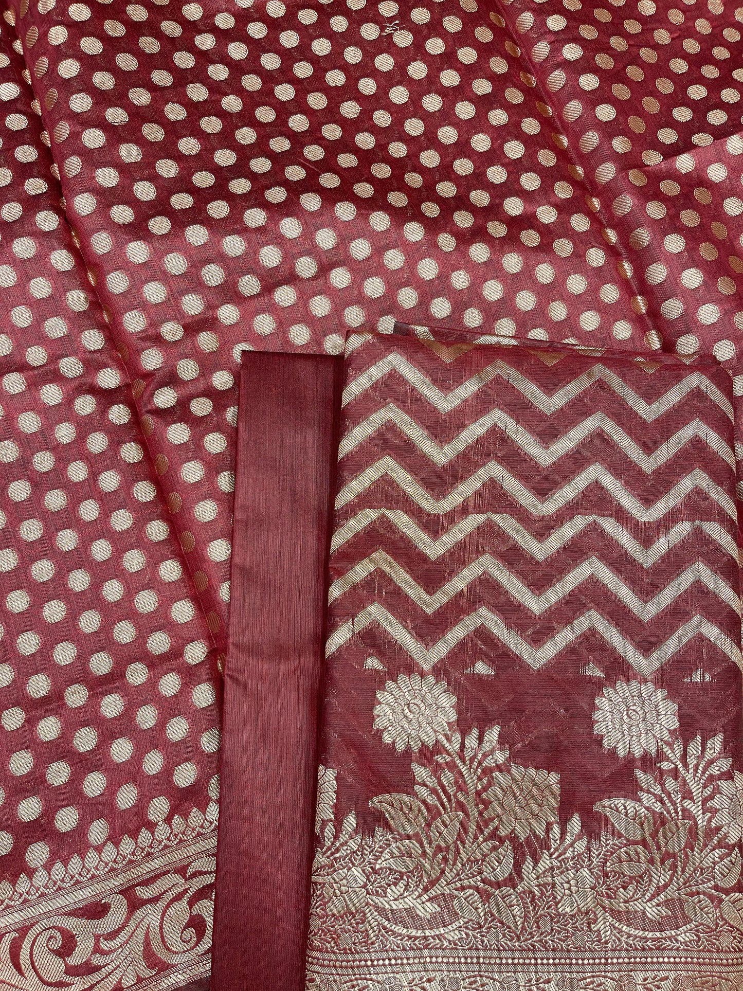 Maroon Cotton Silk Zig-Zag Banarasi 3 pcs Suit Set 675JVC_125