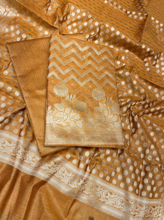 Mustard Gold Cotton Silk Zig-Zag Banarasi 3 pcs Suit Set 675JVC_126