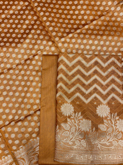 Mustard Gold Cotton Silk Zig-Zag Banarasi 3 pcs Suit Set 675JVC_126