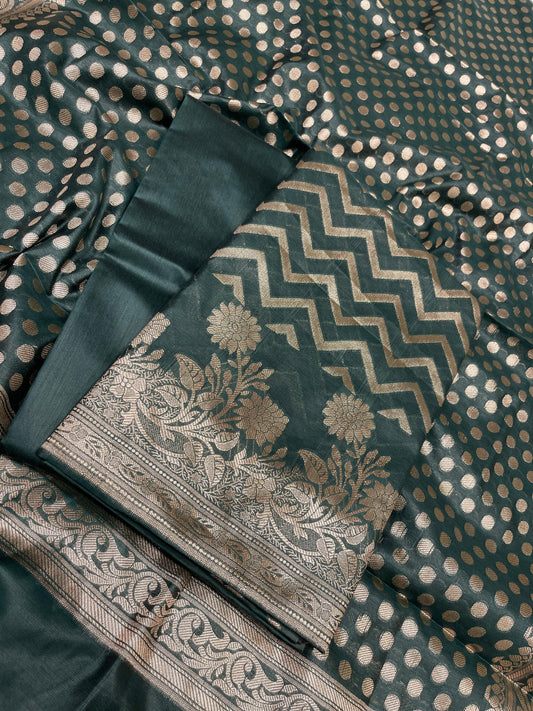 Dark Green Cotton Silk Zig-Zag Banarasi 3 pcs Suit Set 675JVC_128